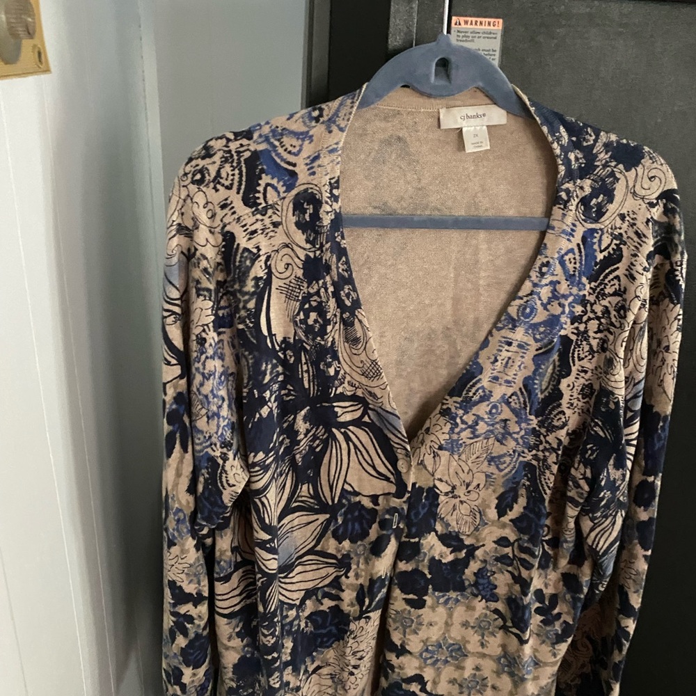 CJ Banks size 2X blue and beige button-down sweater